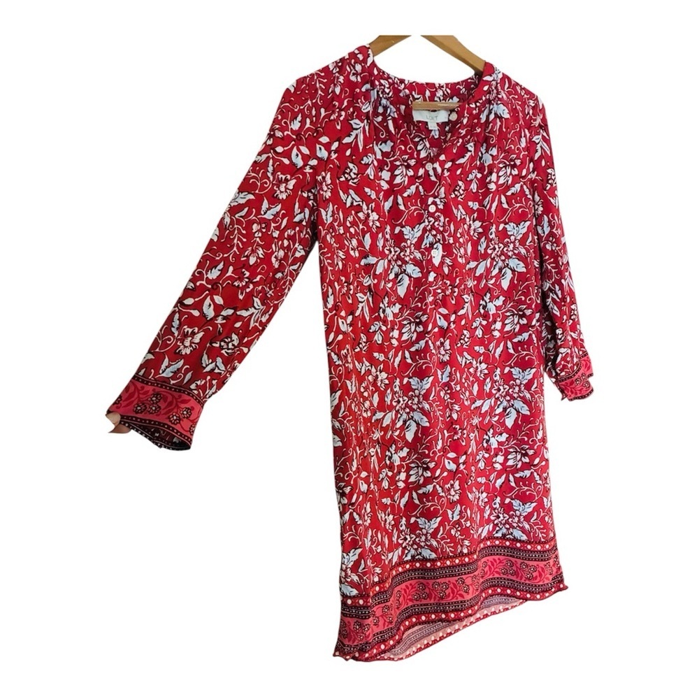 Ann Taylor LOFT Dark Coral Floral Boarder Henley Shirt Dress Small Petite PS SP - Picture 5 of 9